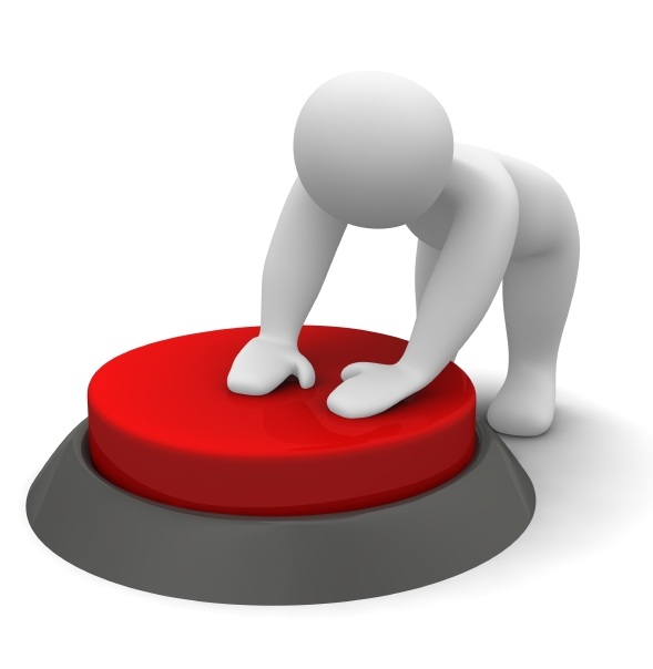 Man pushing red button - danswords.com A white 3D figure intensely pushing a large red button, symbolizing the power of a strong call to action in a blog post with the qualities of a great blog post.