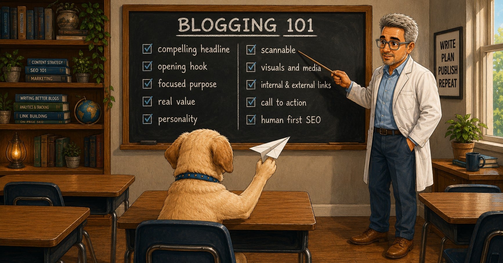 qualities-of-a-great-blog-post-blogging-101-classroom - danswords.com Cartoon-style classroom scene showing Dan teaching Blogging 101 on a chalkboard with qualities of a great blog post while Sami sits at a desk holding a paper airplane.