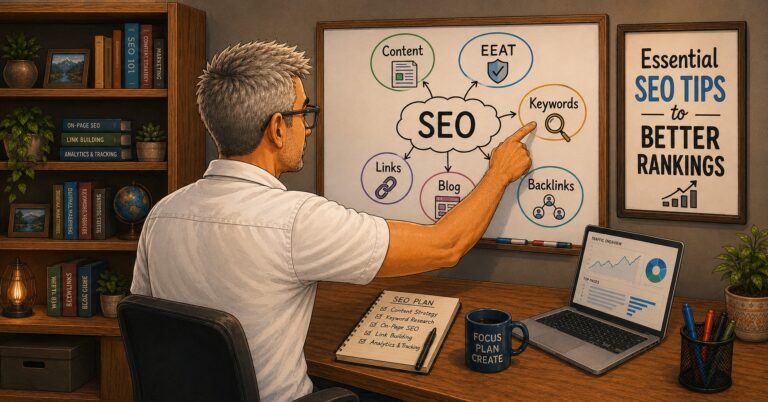 SEO tips for beginners illustration showing Dan pointing to an SEO whiteboard with content, EEAT, keywords, links, blog, and backlinks in a home office.