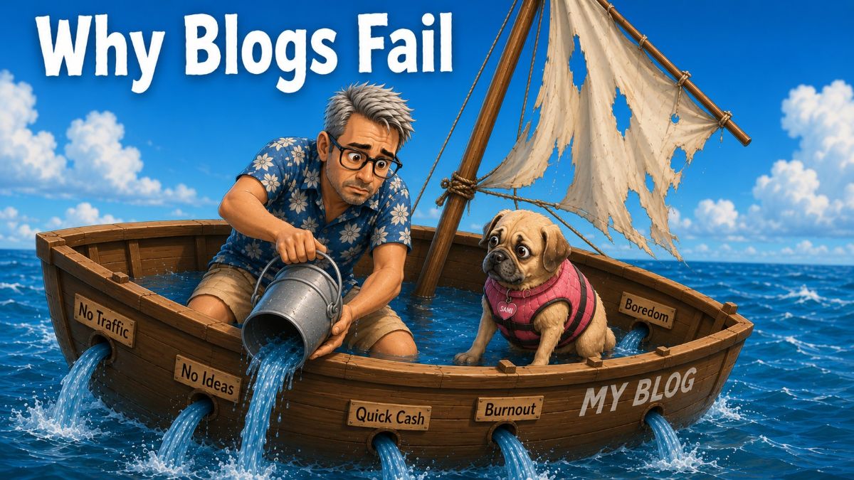 why-blogs-fail-featured-image - danswords.com Why blogs fail illustrated with Dan and Sami in a leaking boat labeled with no traffic, no ideas, quick cash, burnout, and boredom.