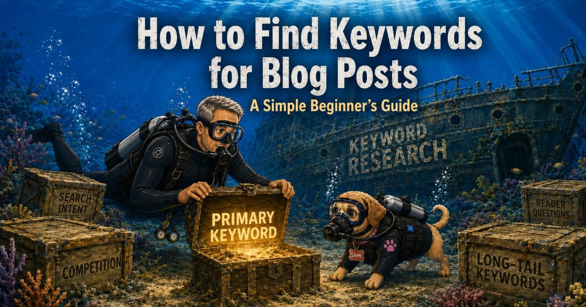 how_to_find_keywords_for_blog_posts - danswords.com Dan and Sami scuba dive near a keyword research shipwreck while discovering a glowing primary keyword among crates labeled search intent, competition, reader questions, and long-tail keywords.