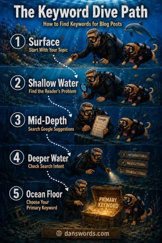 the_keyword_dive_path - danswords.com Dan and Sami scuba dive through five ocean levels showing how to find keywords for blog posts, from choosing a topic to finding a primary keyword.