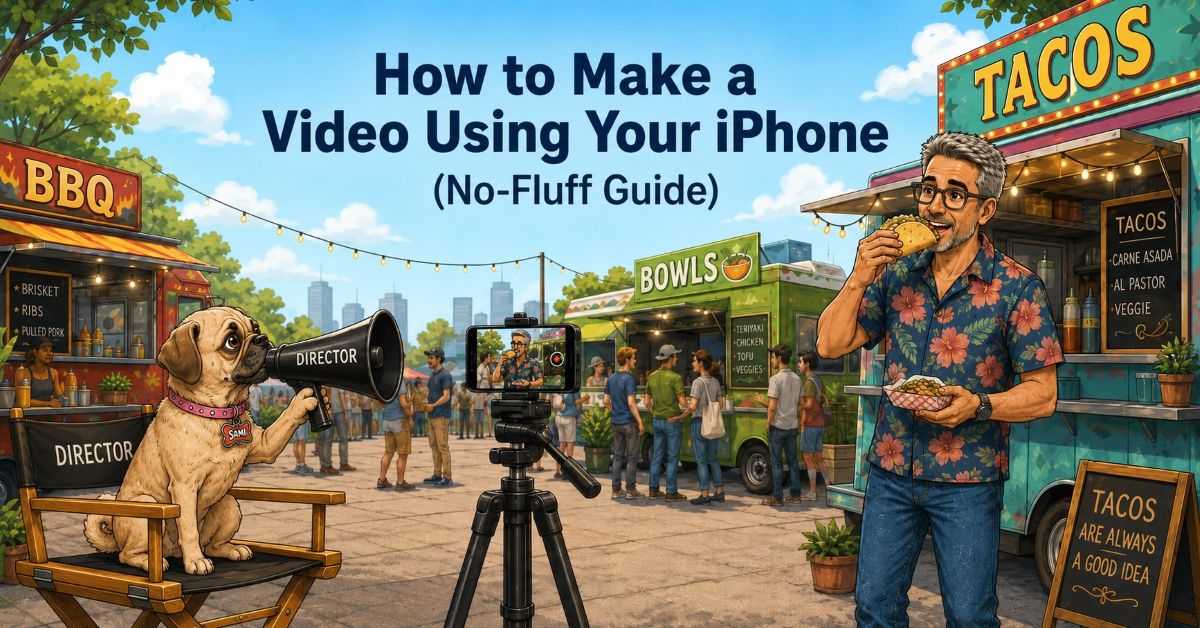 Dan and Sami film a video at a food truck festival using an iPhone on a tripod for a guide on how to make a video using your iPhone.