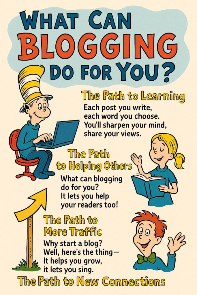 What Can Blogging Do for You This is Image Number 2 - danswords.com Illustrated poster titled “What Can Blogging Do For You?” in a playful Dr. Seuss-inspired style. It features cartoon characters and colorful fonts. A character wearing a tall striped hat types on a laptop. The poster highlights four benefits of blogging:
The Path to Learning – “Each post you write, each word you choose. You’ll sharpen your mind, share your views.”
The Path to Helping Others – “What can blogging do for you? It lets you help your readers too!”
The Path to More Traffic – “Why start a blog? Well, here’s the thing—It helps you grow, it lets you sing.”
The Path to New Connections – listed as a heading at the bottom.
The design uses bright colors and cheerful characters to convey a fun, educational message about the value of blogging.