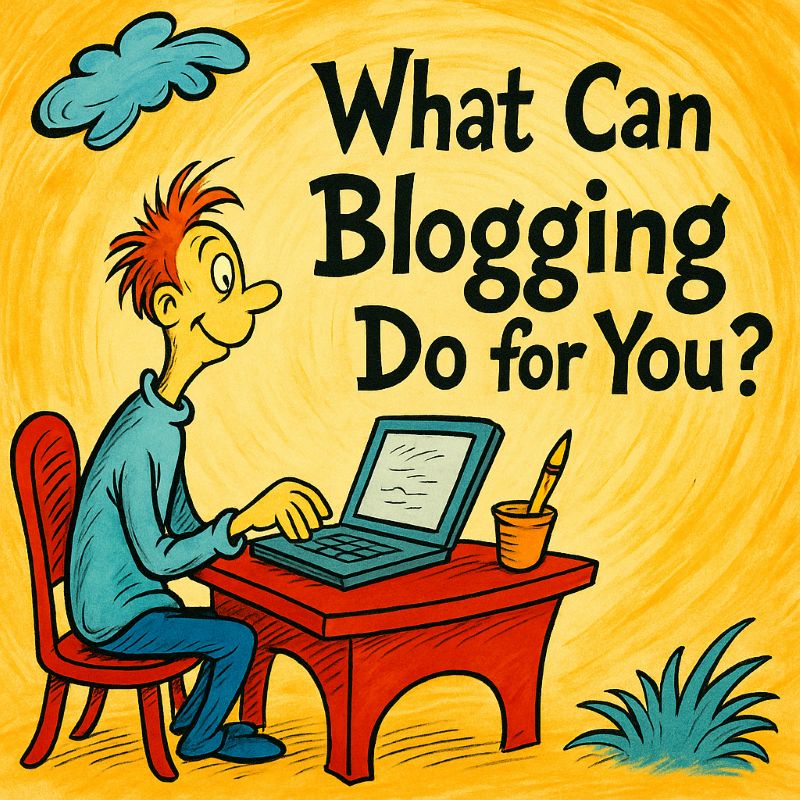 What can blogging do for you? Dr. Suess style image of a Dr Suess type character sitting at a desk with a laptop.
