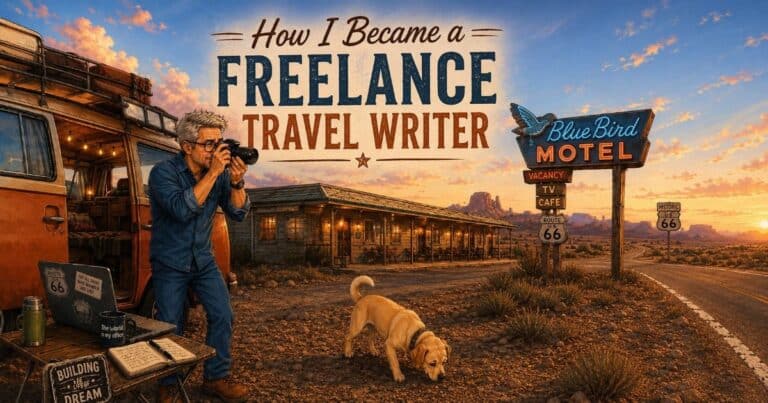Dan photographs a Route 66 roadside motel at sunset while Sami explores nearby, illustrating his journey to becoming a freelance travel writer.