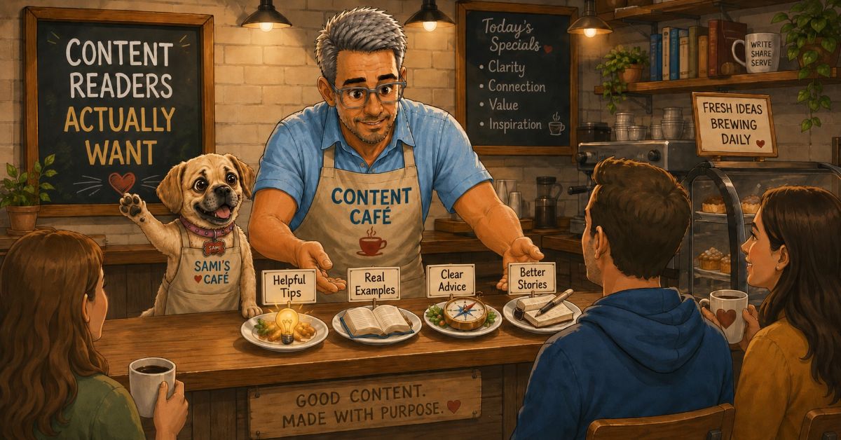 engaging-content-readers-actually-want-content-cafe - danswords.com Dan and Sami in a cozy content café serving plates labeled Helpful Tips, Real Examples, Clear Advice, and Better Stories to readers, illustrating how to create engaging content readers actually want.