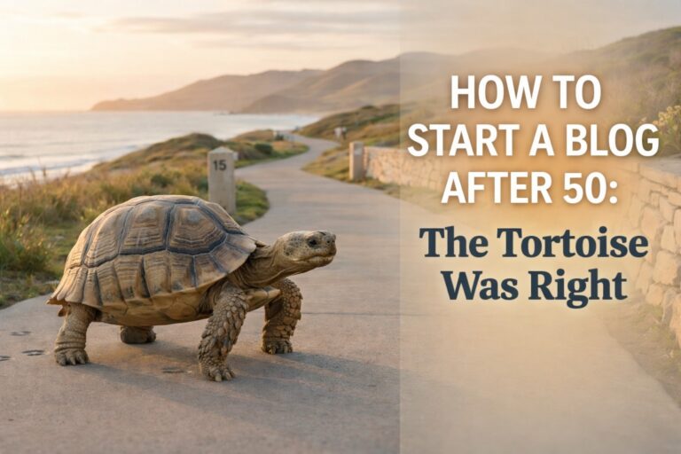 A large, realistic tortoise with a textured shell walking slowly forward on a paved path next to a stone retaining wall at sunset. On the right, large white text against a soft gradient reads "HOW TO START A BLOG AFTER 50:" followed by smaller dark blue text that reads "The Tortoise Was Right."