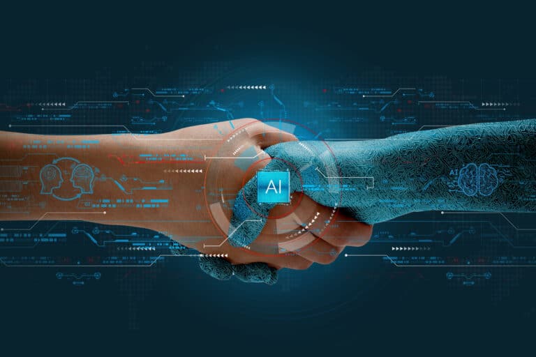 Human and artificial intelligence shaking hands representing collaboration in content creation.