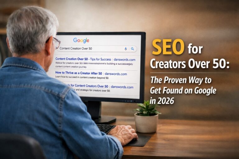Older man searching Google for content creation over 50 with SEO for creators over 50 results from danswords.com on screen