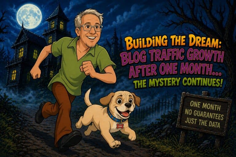 Cartoon-style image of a man and his puggle running in a Scooby-Doo inspired scene with the text building the dream blog traffic growth after one month