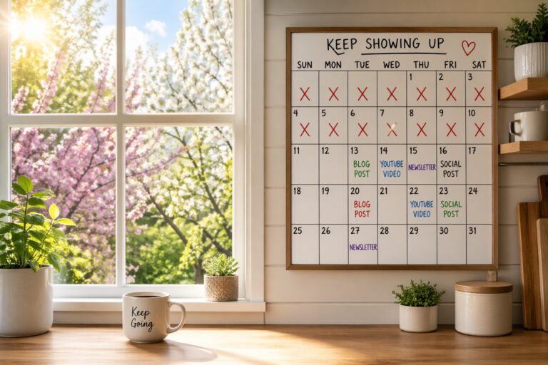 calendar with content schedule and checkmarks showing content creation when life gets busy and staying consistent