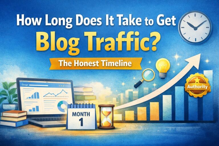 how long does it take to get blog traffic timeline with growth chart and analytics illustration