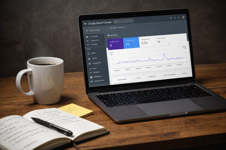 why is my blog not getting traffic shown on a laptop with Google Search Console analytics on a desk with coffee and notebook