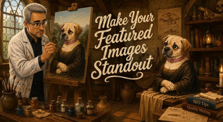 Illustrated scene of Dan painting Sami like the Mona Lisa in a Renaissance-style studio with text about blog images and featured images.