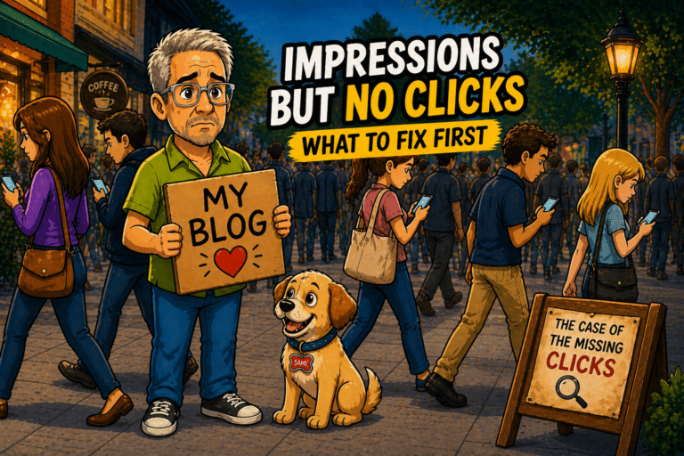 Cartoon street scene about fixing blog traffic: man holds a 'My Blog' sign, a dog sits nearby, and people look at their smartphones as a poster reads about missing clicks.