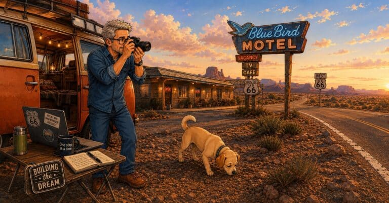 Building the Dream illustration of Dan photographing Sami beside a Route 66 motel, an orange van, and a desert highway at sunset.