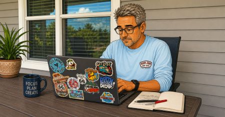 Dan Swords working on content creation after 50 while writing notes beside a sticker-covered laptop on an outdoor patio