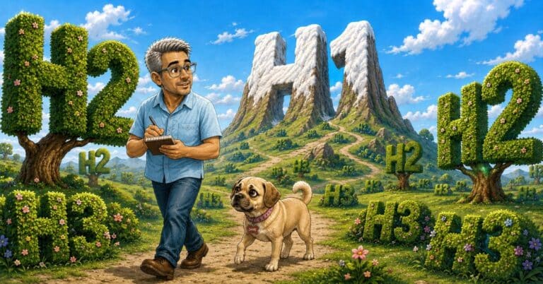 Dan walks with Sami through a colorful landscape of H1, H2, and H3 heading tags, showing how headings structure a blog post.