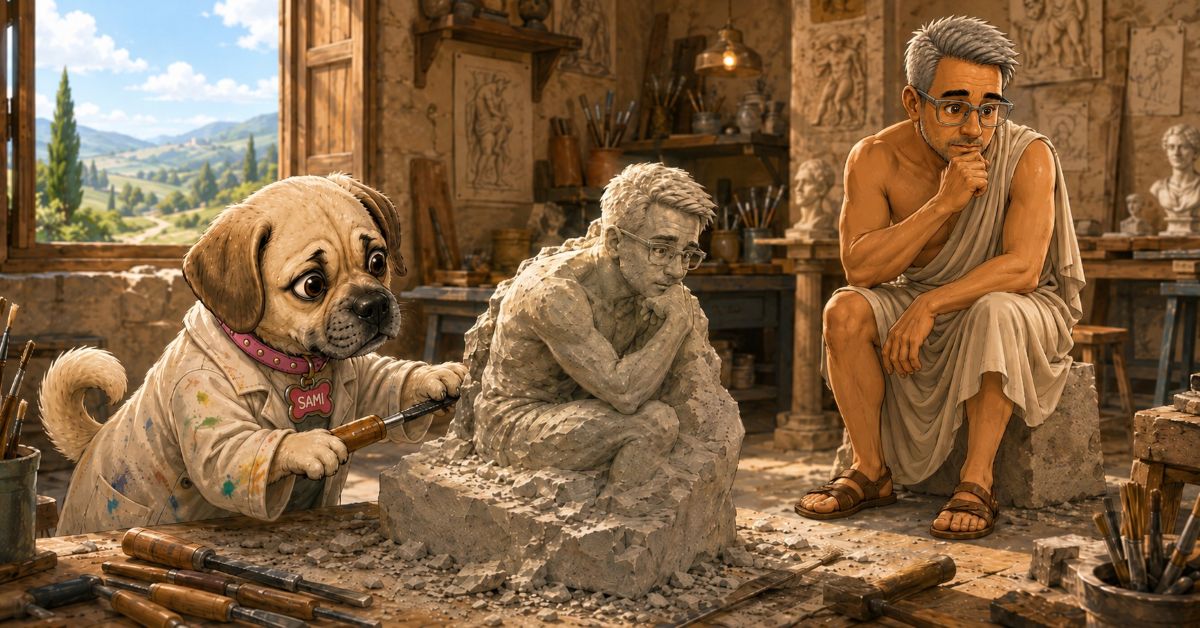 Illustration of Sami wearing a paint-stained smock while sculpting Dan in The Thinker pose for a post about featured images.