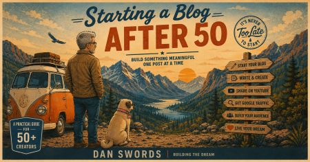 Vintage-style illustrated ebook cover for Starting a Blog After 50 featuring Dan Swords and Sami overlooking a mountain valley beside an orange VW bus