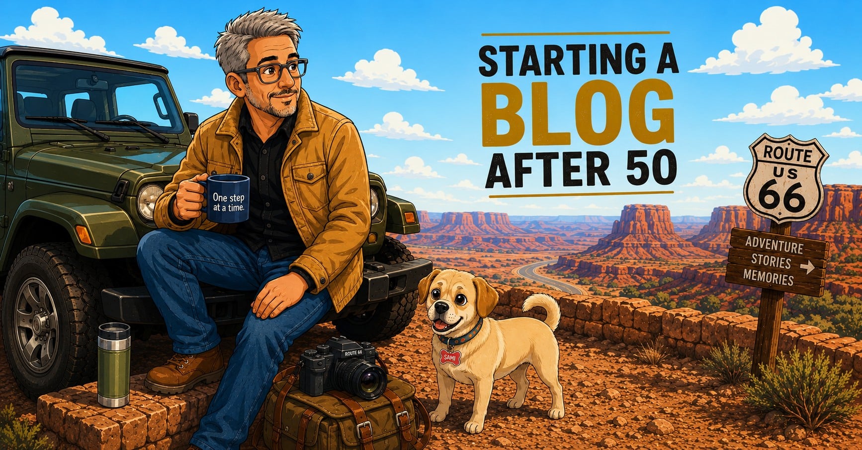 starting-a-blog-after-50-route-66-adventure - danswords.com Man in a brown jacket sits on a jeep in the desert, holding a mug that says 'One step at a time,' with a dog nearby and a Route 66 sign nearby to emphasize travel themes.