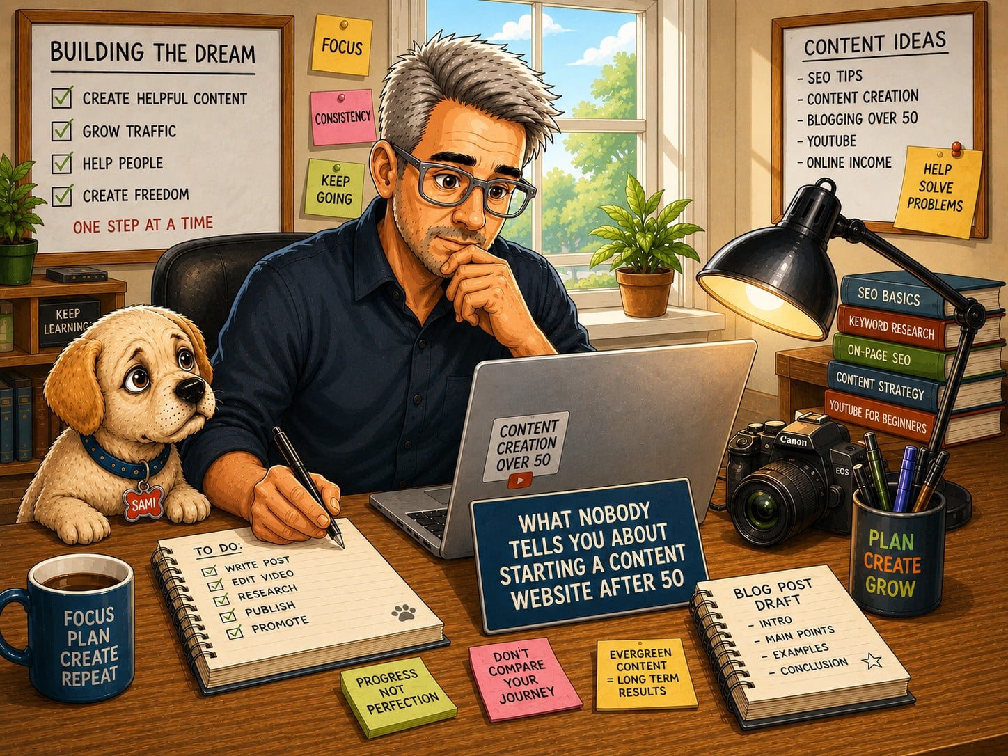 starting-a-content-website-after-50-featured-image - danswords.com Cartoon-style illustration of Dan and Sami working late in a home office while building a content website after 50.