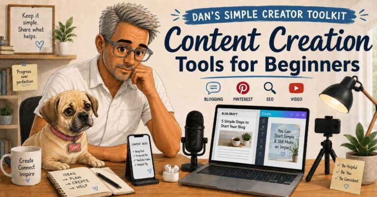 Dan and Sami at a desk with a laptop, phone, microphone, tripod, notebook, and design tools under the title Content Creation Tools for Beginners.