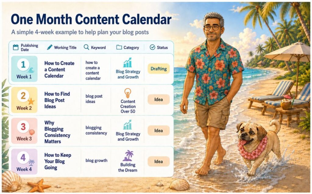 how-to-create-a-content-calendar-dan-sami-beach-infographic - danswords.com Dan & Sami walking along a tropical beach beside an infographic showing how to create a content calendar for four weeks of blog posts.