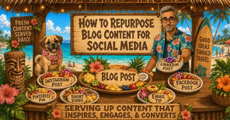 How to repurpose blog content for social media with Dan and Sami at a tropical tiki content stand, serving a blog post and smaller plates for Instagram posts, Pinterest pins, short videos, email tips, and Facebook posts.