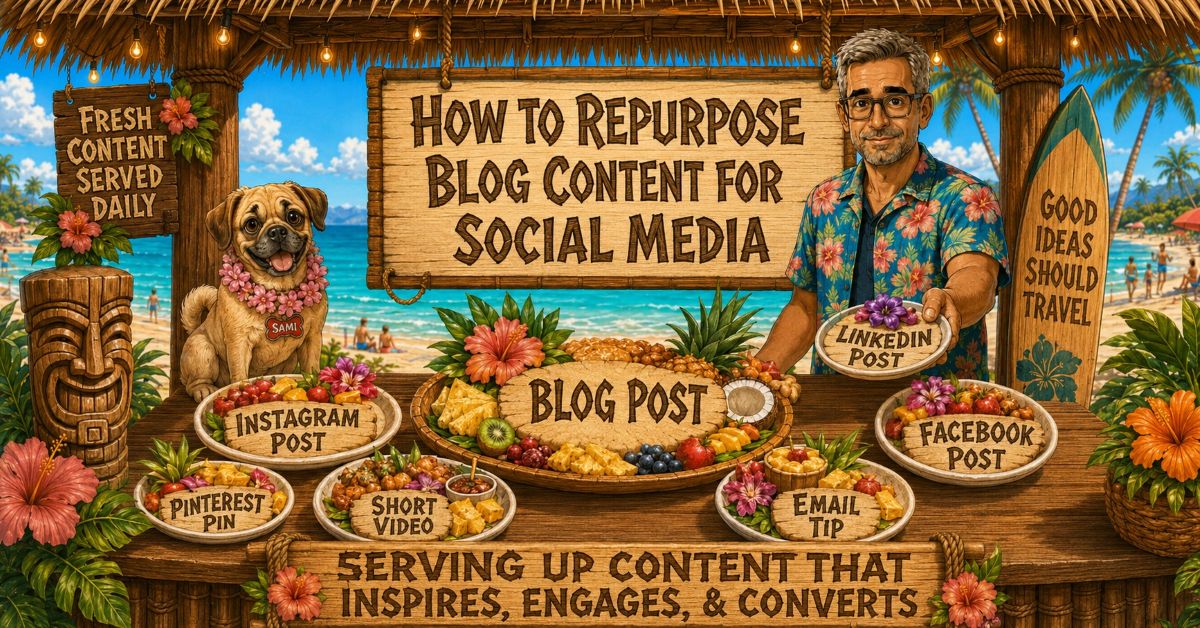 how_to_repurpose_blog_content_for_social_media - danswords.com How to repurpose blog content for social media with Dan and Sami at a tropical tiki content stand, serving a blog post and smaller plates for Instagram posts, Pinterest pins, short videos, email tips, and Facebook posts.