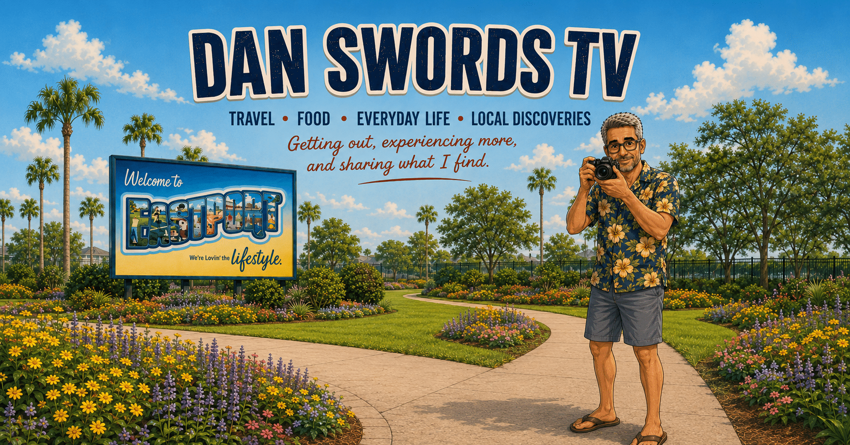 dan-swords-tv-video-creation-after-50 - danswords.com Illustrated banner for Dan Swords TV featuring an older male creator holding a camera next to a Welcome to Eastport sign in Florida.