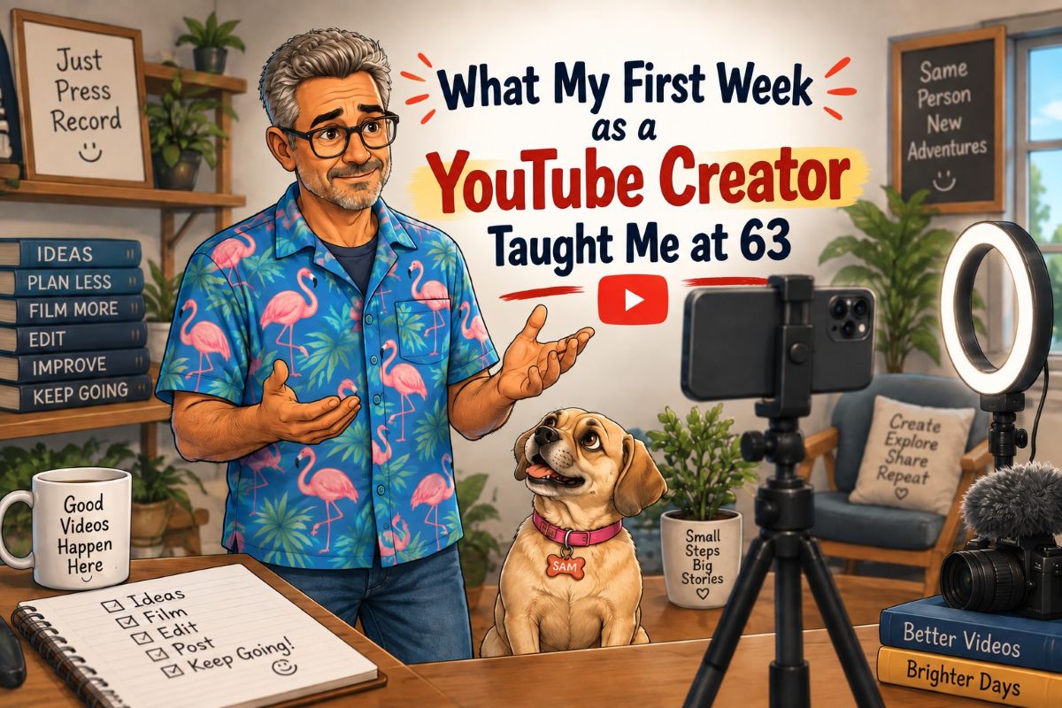 what_my_first_week_as_a_youtube_creator_taught_me_at_63 - danswords.com Dan standing beside a smartphone on a tripod with Sami at his side for his first week as a YouTube creator at 63.